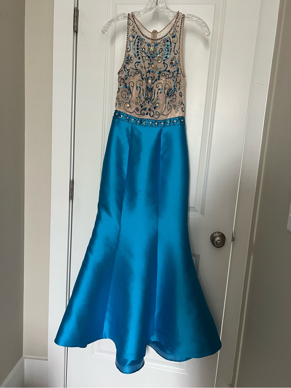 Teal Blue Satin Prom Dress with Nude Tulle Overlay